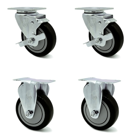 Service Caster 4 Inch Black Polyurethane Wheel Swivel Top Plate Caster Set with 2 Brake 2 Rigid SCC-20S414-PPUB-BLK-TLB-TP2-2-R-2